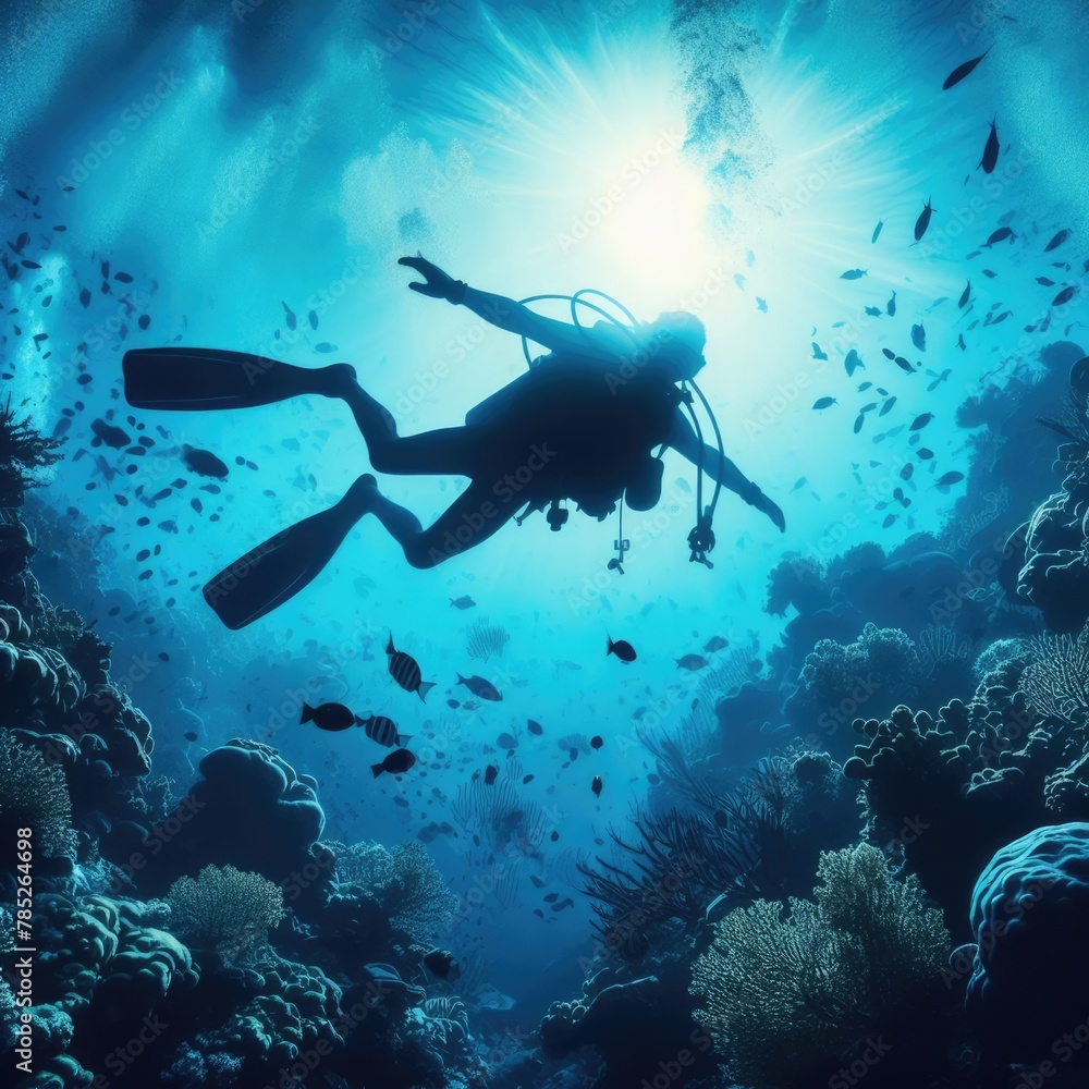 Fototapeta premium Diver's Day: Diving Deep, A Silhouette Explores the Vibrant Coral Reef. generative AI
