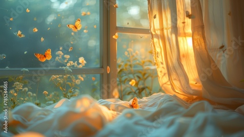   A room featuring a window and airborne butterflies near a bed with a pristine white comforter photo
