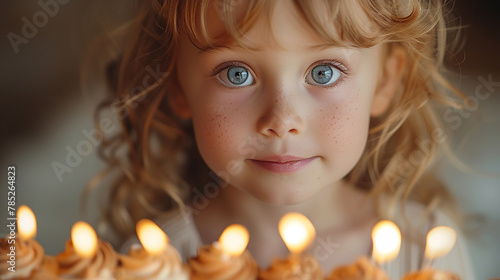 Little happy child celebrating a birthday party with a cake full of candles 