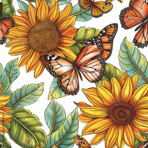 A butterfly and sunflower painting with a yellow background