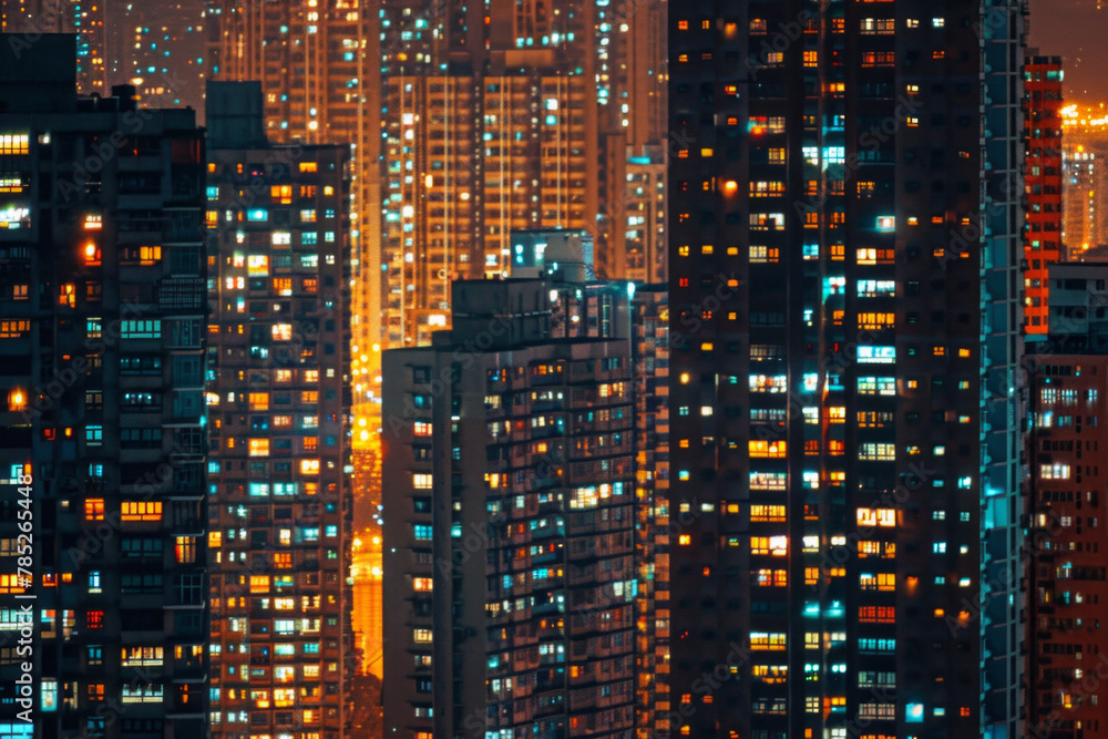 A closeup of skyscrapers in a city during nighttime using a telephoto lens A closeup of skyscrapers in a city during nighttime using a telephoto lens