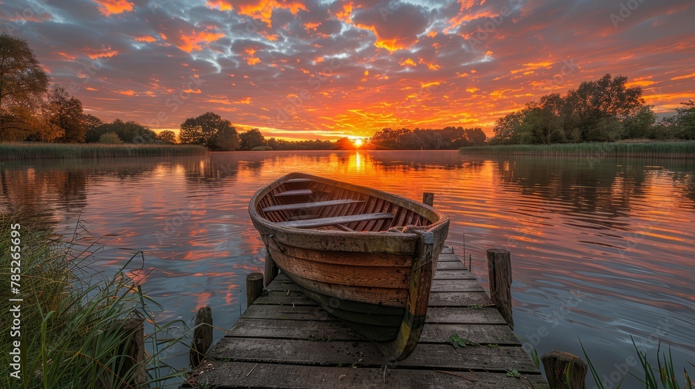   A boat atop a wooden dock facing a body of water during sunset