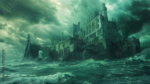 Ancient fantasy lost city of Atlantis. Stormy weather.