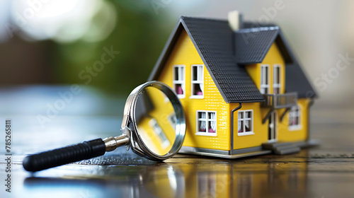 House model and magnifying glass on wooden table, real estate concept