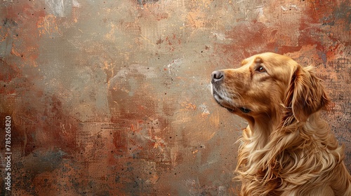 Golden Retriever peacefully laying in a cozy setting with warm tones, perfectly positioned using the rule of thirds. Serene and inviting atmosphere. photo