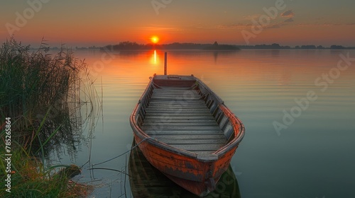  A boat rests atop a body of water, adjacent to a tall, verdant shore lined with grass and graced by a sunset backdrop