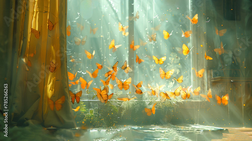  many yellow butterflies fly around, near sunlit window, curtains transmit sunlight photo