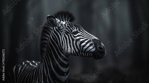   A zebra stands amidst a forest  surrounded by trees in the background  as snowflakes gently fall and dust the ground with fresh white snow
