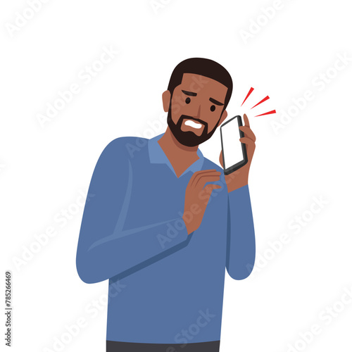Young man Scared talk on cellphone feel anxiety with communication. Frightened people have smartphone call concept. Flat vector illustration isolated on white background