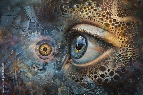 A painting of a face with a blue eye and a yellow eye. The eye is surrounded by a blurry, abstract background. The painting has a dreamy, surreal feel to it