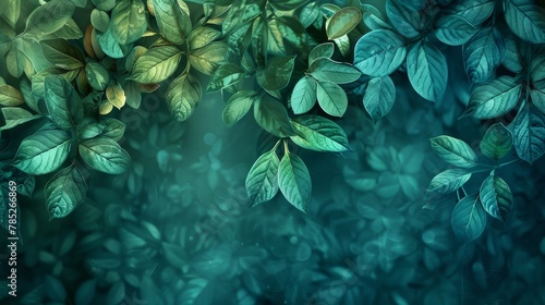 A vivid scene of a brainstorming session in a magical forest, with colors of Tanager Turquoise, Teal Blue, and Kelly Green. Luminescent thoughts float like leaves, inspiring creativity. photo
