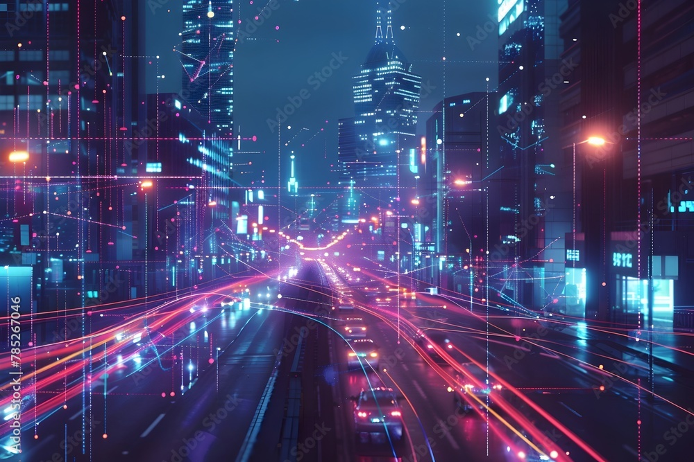 A city street with a lot of lights and cars. The lights are bright and colorful, creating a sense of energy and excitement. The cars are moving quickly, adding to the feeling of motion and activity