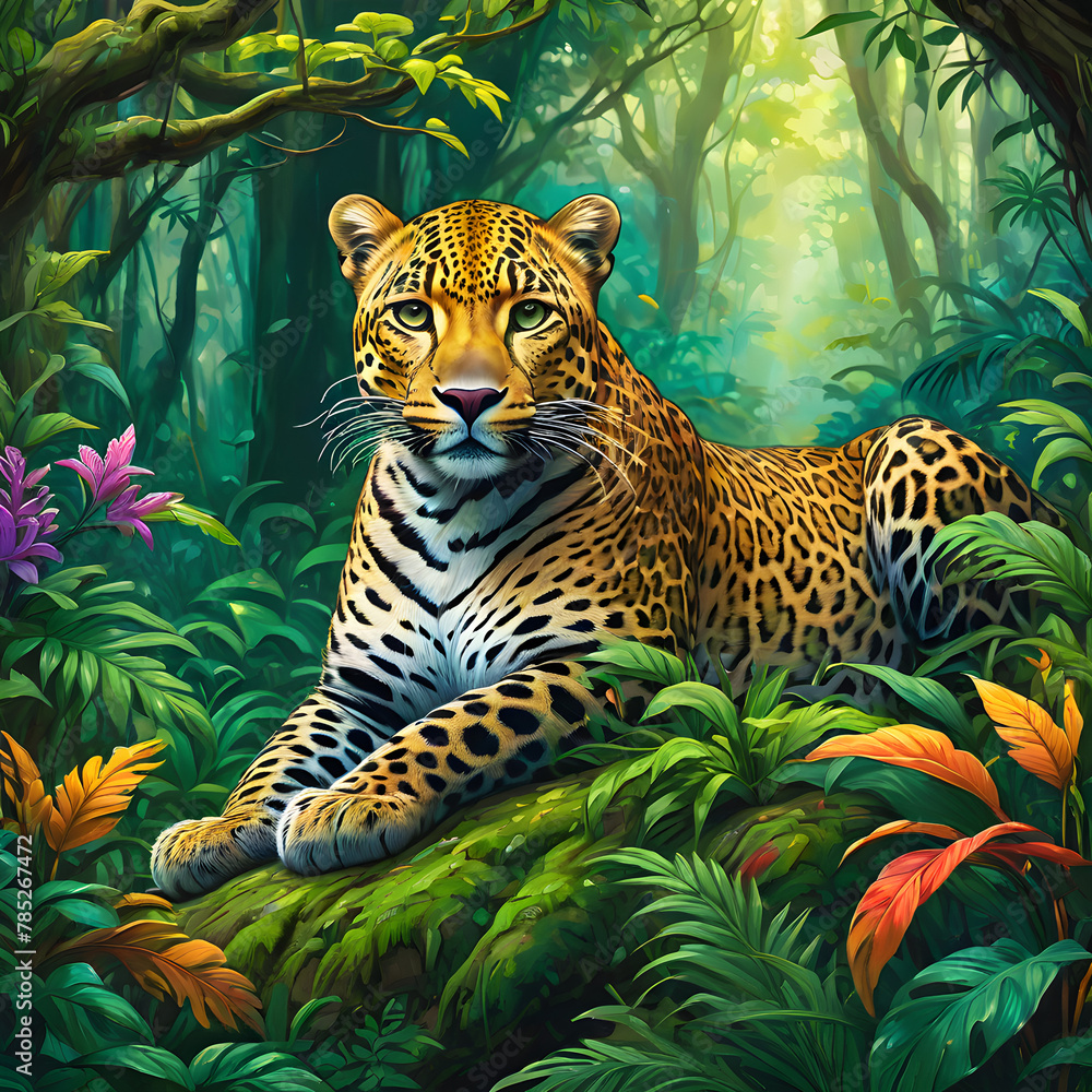 Fototapeta premium The image could be named Majestic Leopard and Jaguar in Wildlife Habitat