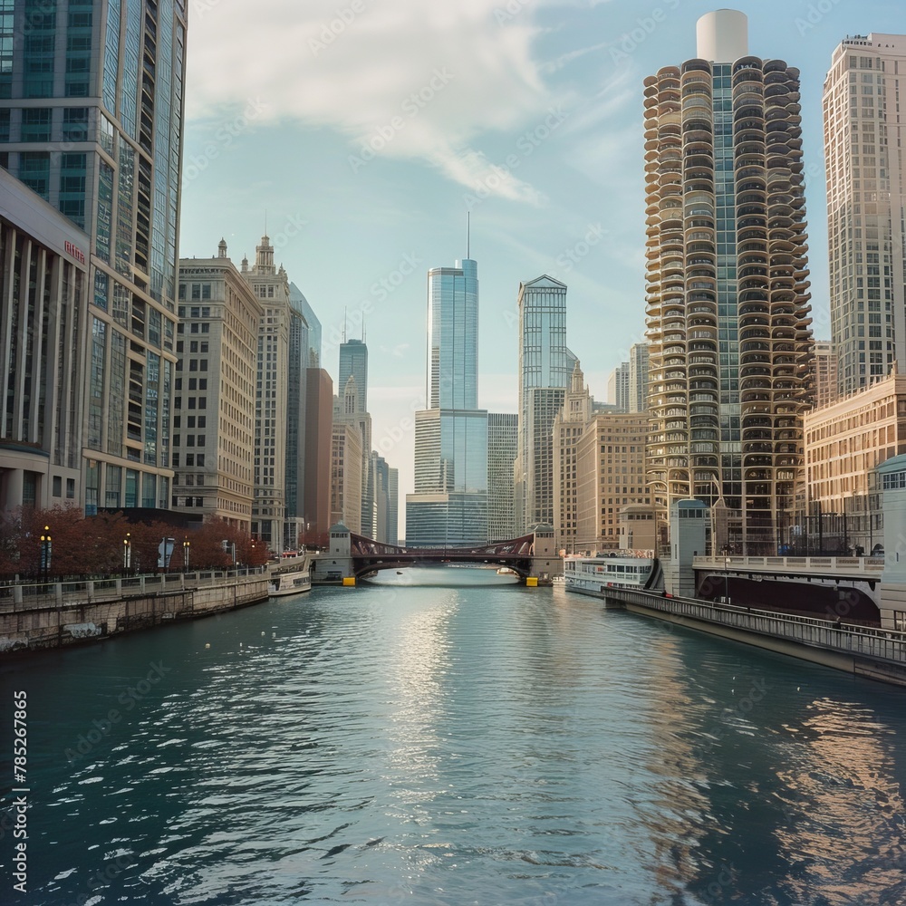 Fototapeta premium River Running Through City Next to Tall Buildings