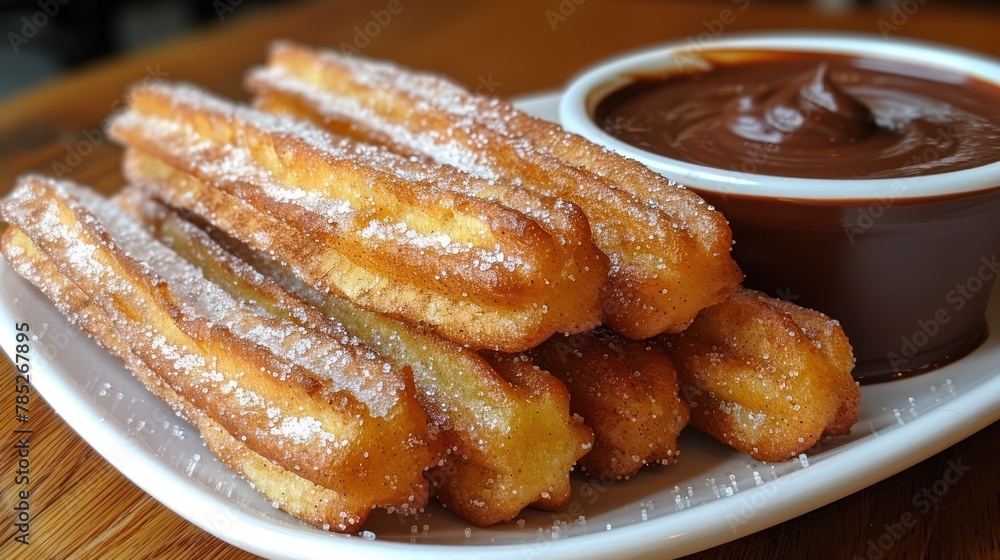 churros dusted in cinnamon sugar and served alongside a rich chocolate dipping sauce churros dusted in cinnamon sugar and served alongside a rich chocolate dipping sauce