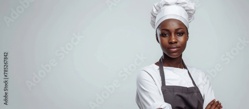 Portrait of a beautiful dark-skinned female cook, with empty space, the woman is positioned on the left side, empty space on the right side, background homogeneous photo