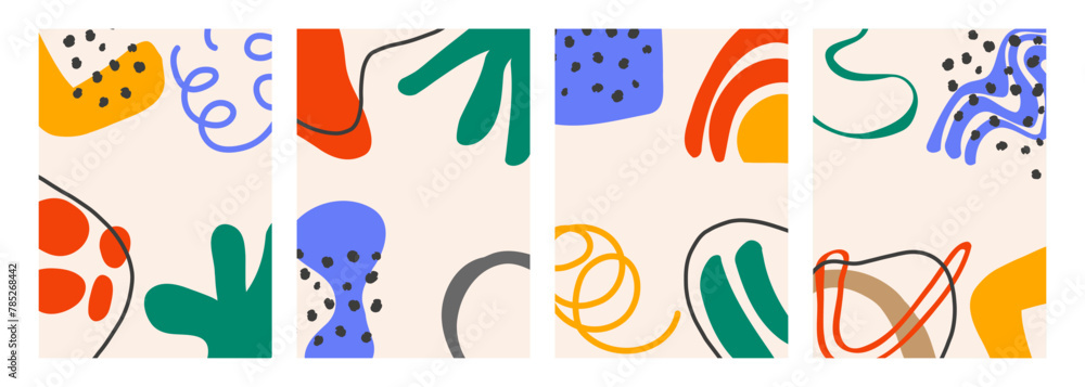 Set of cute backgrounds with various colorful hand drawn abstract shapes for creative graphic design. Vector illustration.