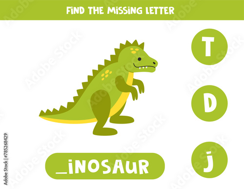 Find missing letter with cartoon dinosaur. Spelling worksheet. © Milya Shaykh