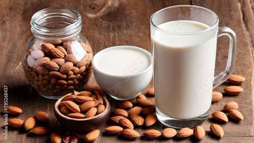 milk and nuts. almond milk bottle and cup with nuts.