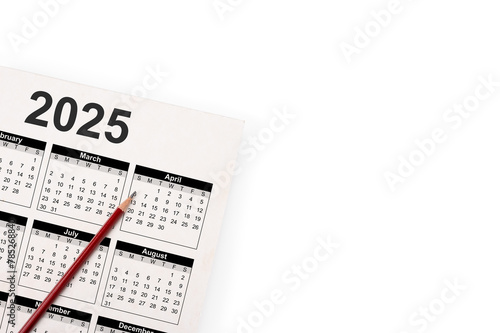 Calendar Year 2025 schedule with blank note for to do list on paper background. Flat lay with calendar, pencil on calander 2025. page of calendar 2025. isolated on white