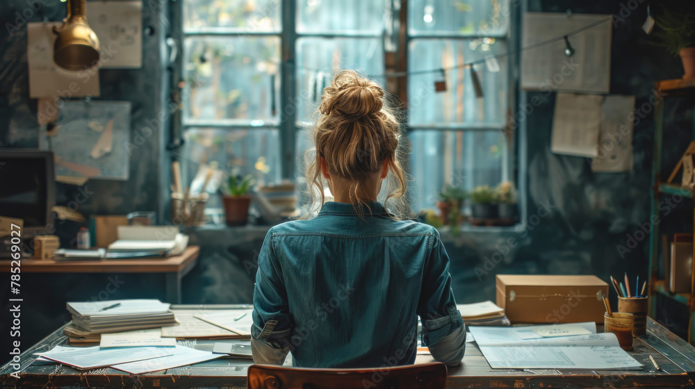 Young woman working, sitting at a table in a room, view from the back. Young woman working, sitting at a table in a room, view from the back.