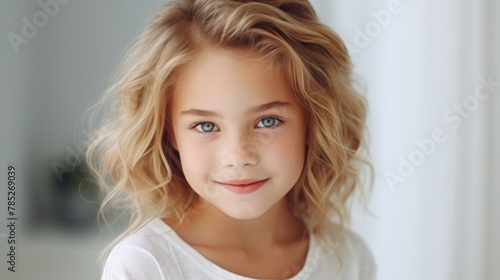 Portrait of cute and pretty young girl with blond hairs