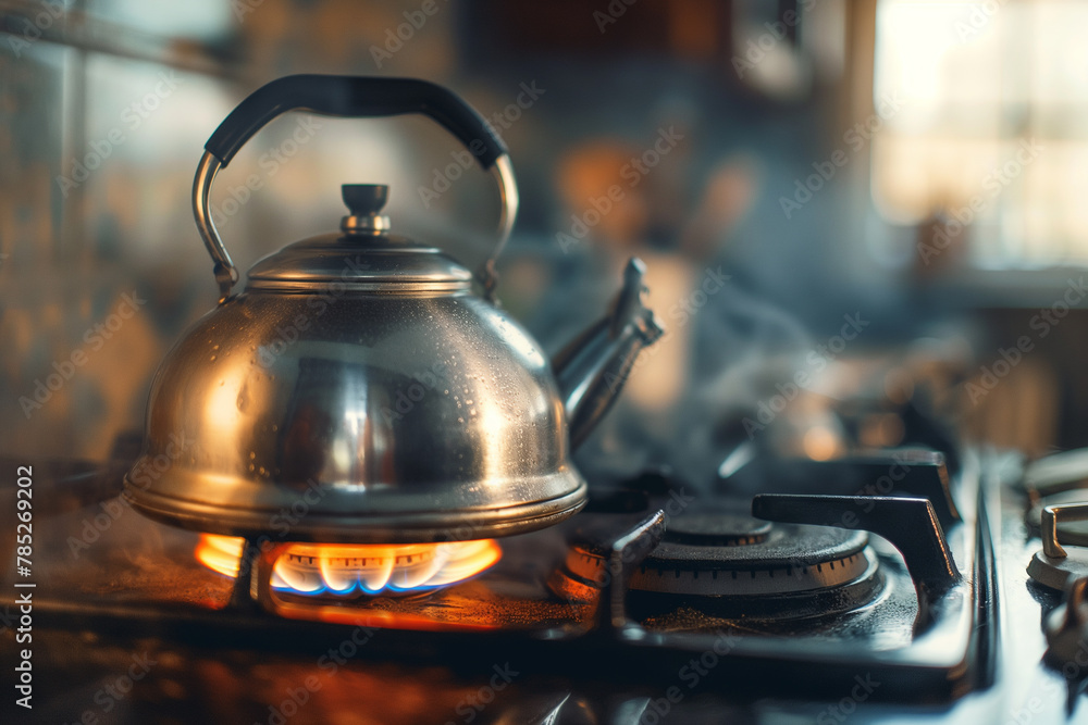 Kettle with steam on gas stove in kitchen. Kettle with steam on gas stove in kitchen.