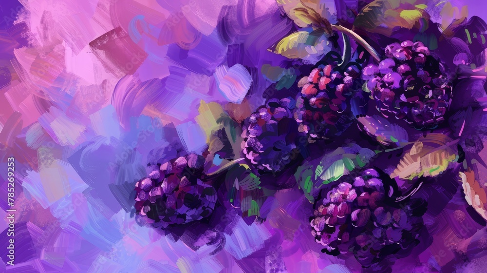   A painting of purple flowers in a bunch against a backdrop of purple and pink A leafy branch exists in the foreground