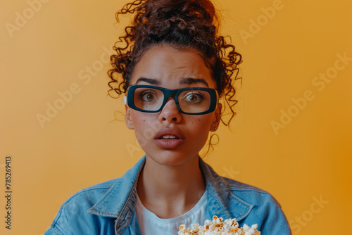 Portrait of a pleased happy girl in 3d glasses holding bucket of popcorn and looking away isolated over yellow background photo