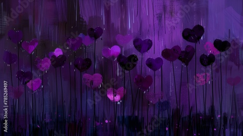  A painting of hearts in bunches against a purplish backdrop, with a singular black cat centrally positioned
