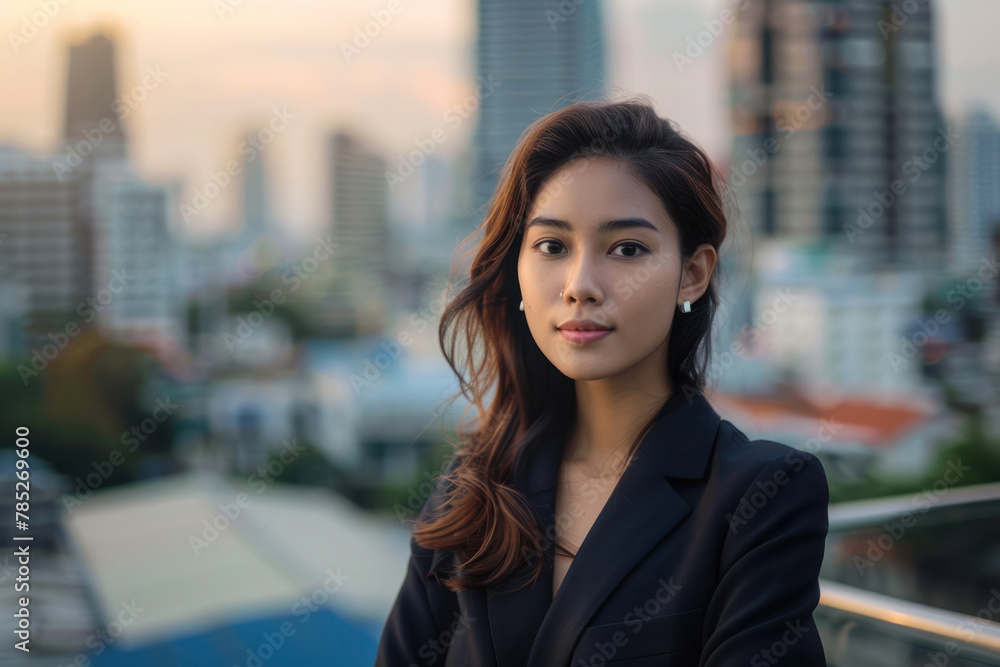 Bangkok Businesswoman on a Building Rooftop With the City Skyline in the Background, Golden Hour Shot