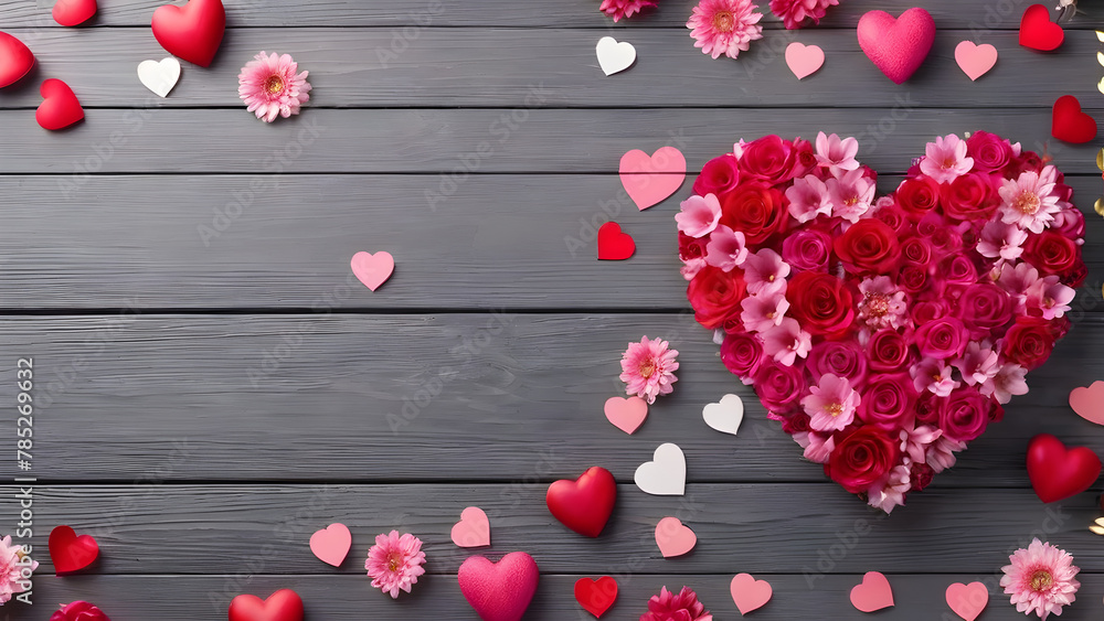 creative love heartens layout with a flower heart with copy space. wood background. heart of flowers. heart shaped wreath of flowers creative love heartens layout with a flower heart with copy space. wood background. heart of flowers. heart shaped wreath of flowers