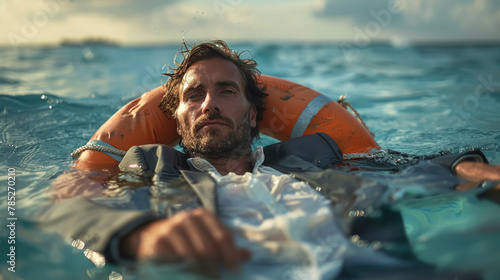 Male businessman on a lifebuoy in the middle of the sea.