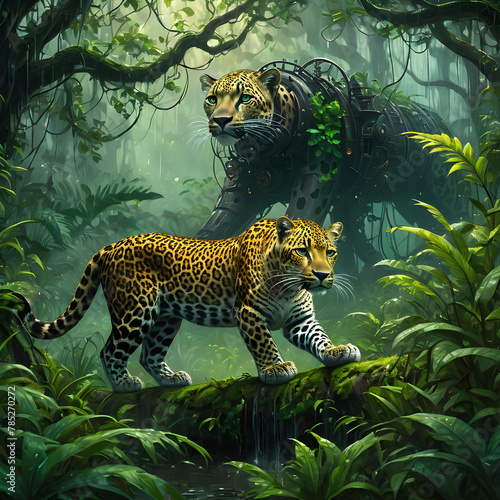 The image could be named Majestic Leopard and Jaguar in Wildlife Habitat