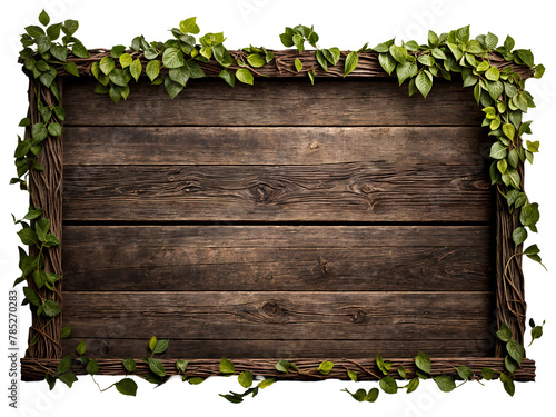 Old weathered blank wooden sign overgrown with vines and foliage on a transparent background. Post-apocalyptic blank wooden sign background with copy space.