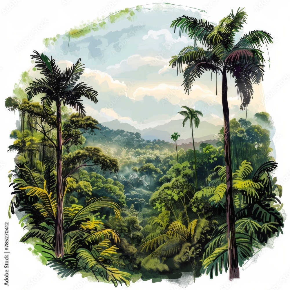 A painting of a lush jungle with two tall trees in the foreground