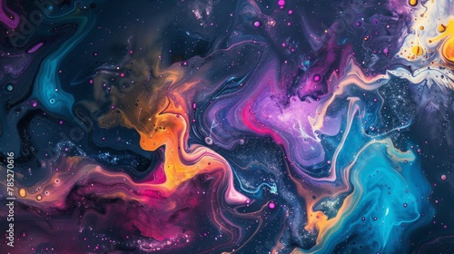 A colorful painting of a galaxy with swirls of blue, orange, and purple