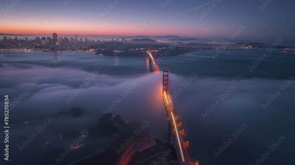 The view from above the Bridge at dawn with fog The view from above the Bridge at dawn with fog