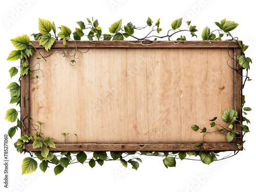 Old weathered blank wooden sign overgrown with vines and foliage on a transparent background. Post-apocalyptic blank wooden sign background with copy space.