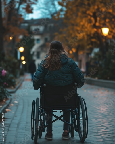 Back view of a woman in wheelchair with long chestnut brown hair, daily life photograph, disabled woman in the street, beautiful city lit in the evening, mobility impaired young or middle-aged person photo