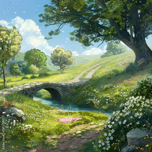 enchanting green landscape with a serene stone bridge over a calm stream  surrounded by lush trees and blooming flowers under a bright sky