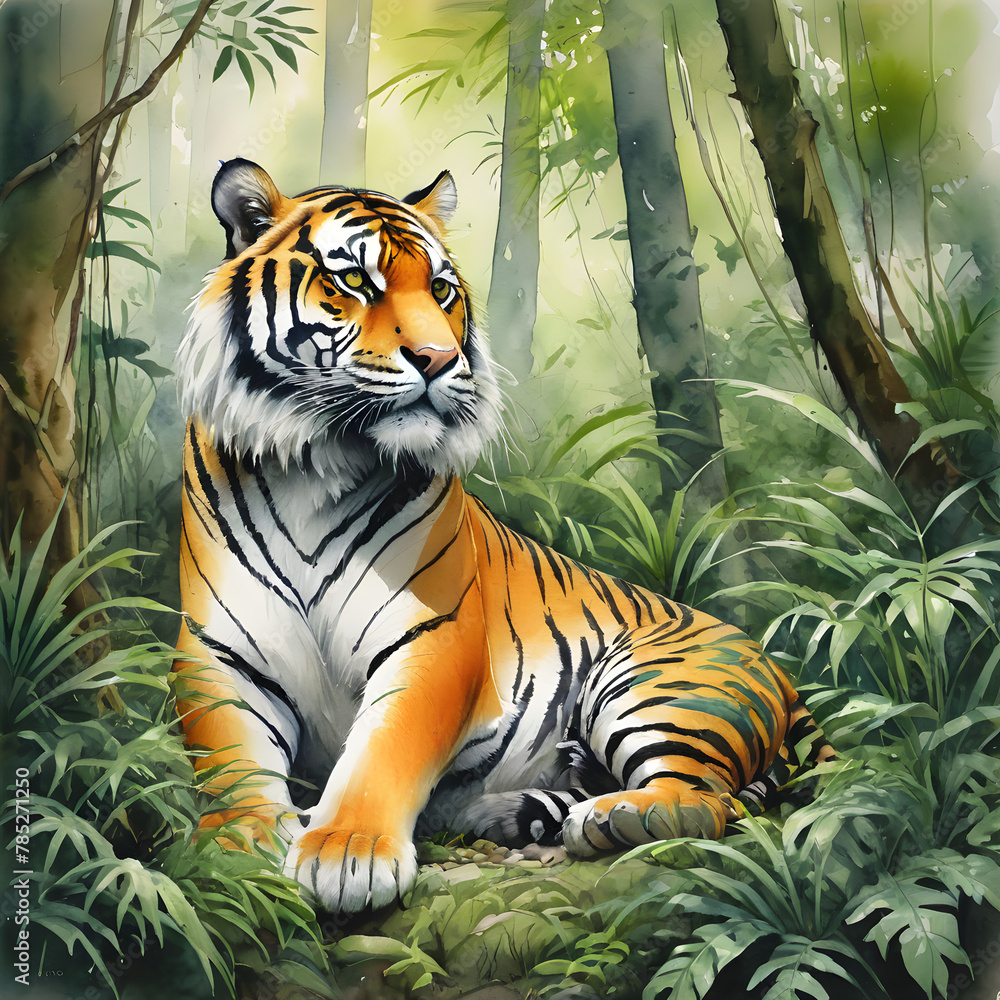 Here's a suggestion for naming the image based on your input: Majestic tiger roaming through lush jungle foliage