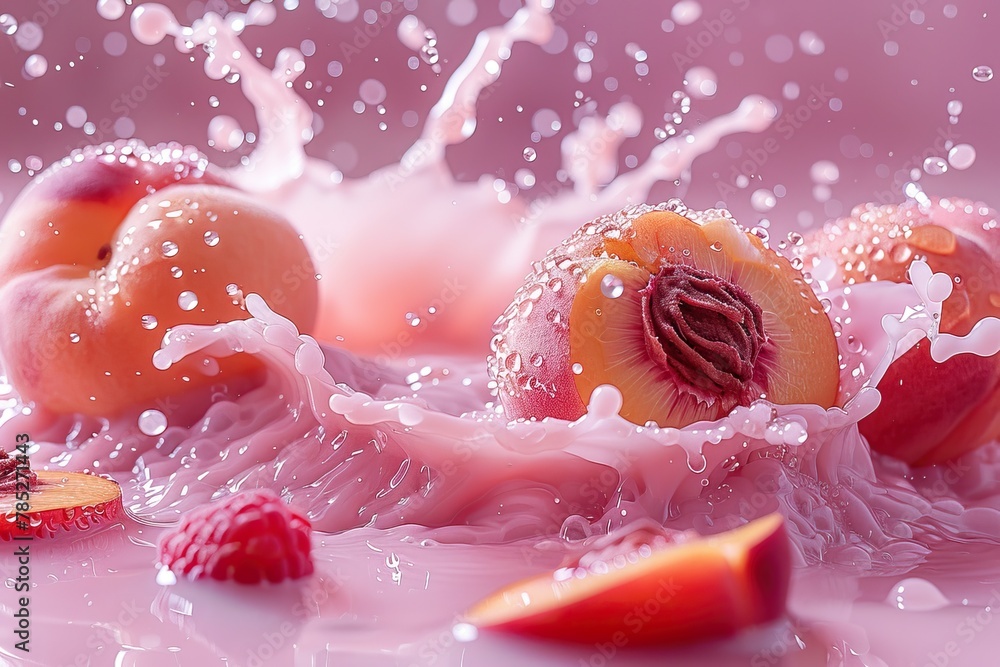 Peaches and raspberries in pink milk. Peaches and raspberries in pink milk.