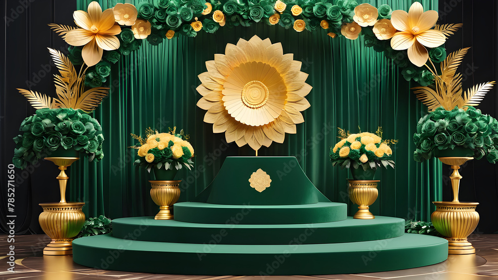 Obraz premium cultural celebration dark green color and 3d podium with flower decoration. blank store presentation. showcase stand, fashion background, flowers, festivals, Asian elements, weddings, marriage