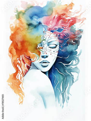 Watercolor portrait of a straight-faced woman with long wavy brown hair , closed eyes.