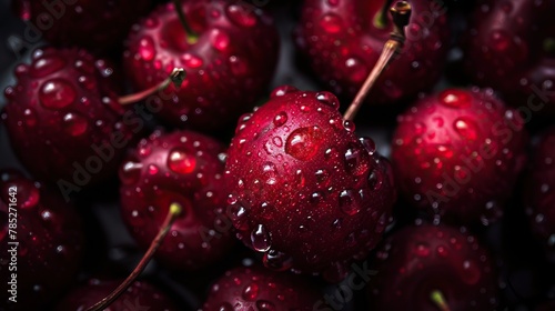 Macro photo of red cherries with water drops
