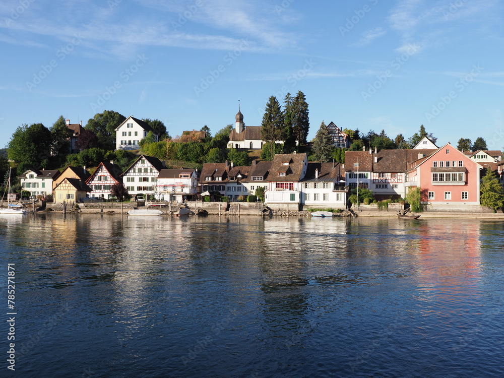Naklejka premium Mansions at Rhine River in European STEIN AM RHEIN town in SWITZERLAND