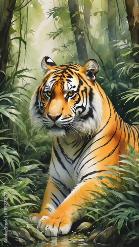 Here s a suggestion for naming the image based on your input  Majestic tiger roaming through lush jungle foliage
