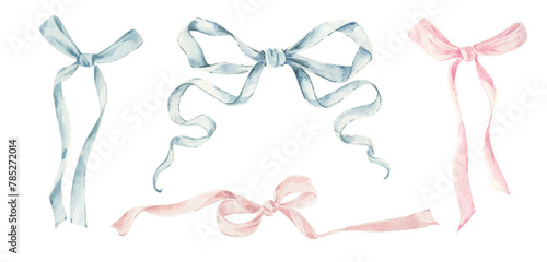 Watercolor set illustration of bows in blue and pink colors. Vintage clipart. Bow logo. Bow postcard template. Bow wedding invitation.