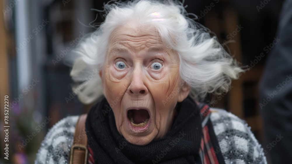 A old woman surprised with a big open mouth and blue eyes. She is wearing a scarf and a purse. a 100-year old white woman looks shocked and aghast A old woman surprised with a big open mouth and blue eyes. She is wearing a scarf and a purse. a 100-year old white woman looks shocked and aghast